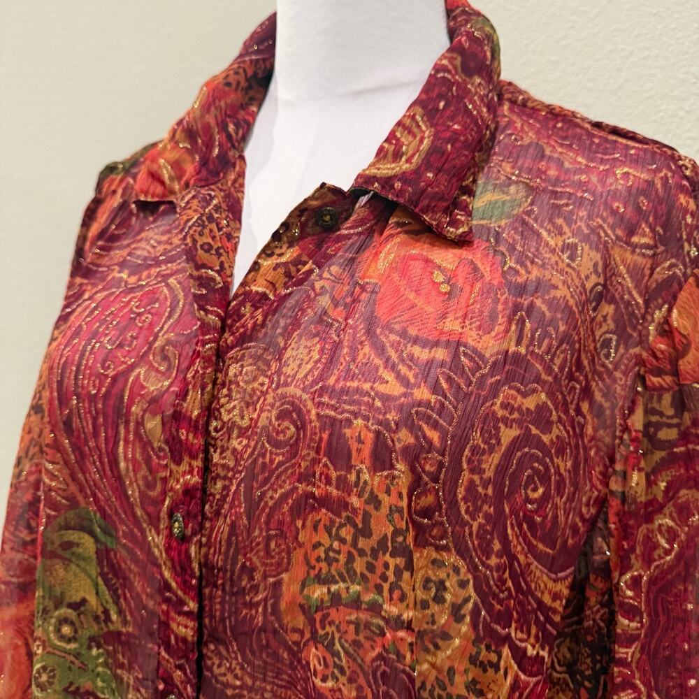 Coldwater Creek Burgundy Sheer Shimmer Paisley Blouse Boho Romantic Large Indie - Picture 4 of 9